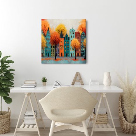 WANDBILD HERBSTLICHE STRASSE MIT BUNTEN BÄUMEN - BUNTE HÄUSER - BILDER