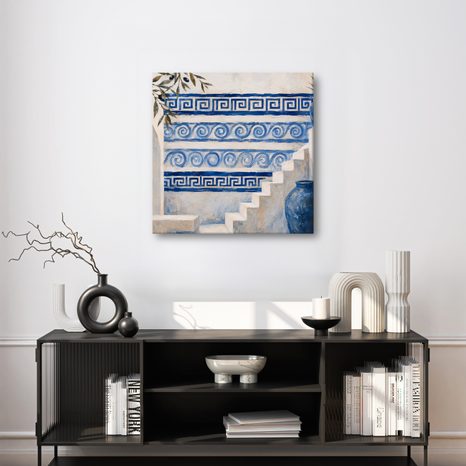 TABLEAU SUR TOILE – ESCALIERS MÉDITERRANÉENS AUX ORNEMENTS BLEUS - TABLEAUX DE LA VILLE - TABLEAUX