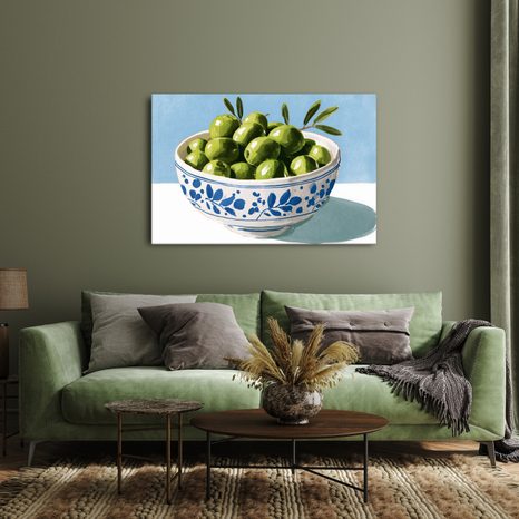 TABLEAU SUR TOILE – OLIVES VERTES DANS UN BOL - TABLEAUX DE NATURES MORTES - TABLEAUX
