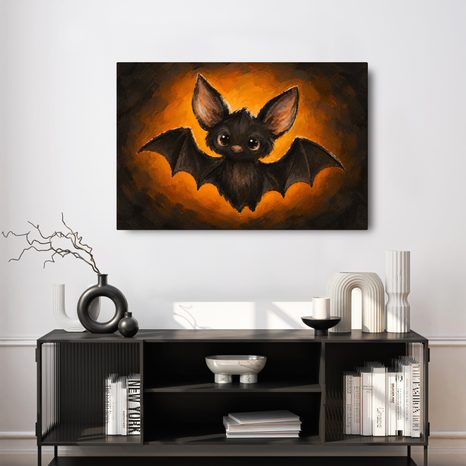 QUADRO SU TELA – PIPISTRELLO ADORABILE NEL BAGLIORE ARANCIONE - QUADRI HALLOWEEN E HORROR - STAMPE E QUADRI