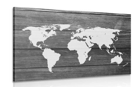 PICTURE BLACK & WHITE WORLD MAP WITH WOODEN BACKGROUND