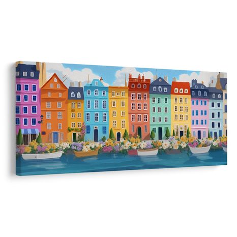 OBRAZ ROMANTICKÁ ŘEKA A DOMY - BAREVNÉ DOMY - OBRAZY