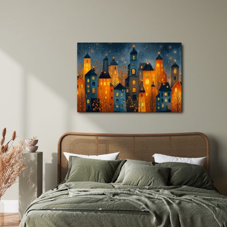 OBRAZ VÁNOČNÍ MĚSTO V NOCI - BAREVNÉ DOMY - OBRAZY