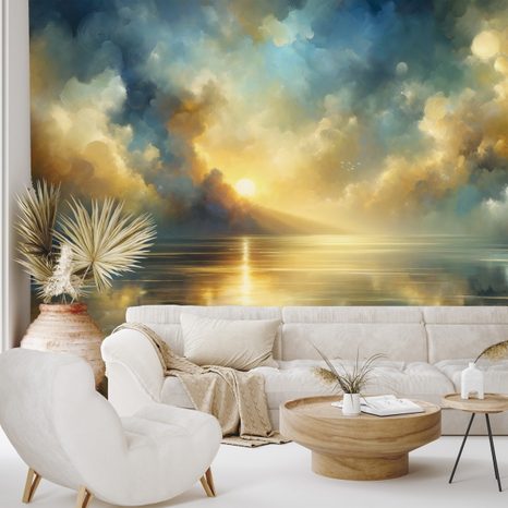 SAMOLEPÍCÍ TAPETA ZLATÉ SLUNCE NAD MODROU HLADINOU - TAPETY VÝCHOD A ZÁPAD SLUNCE - TAPETY