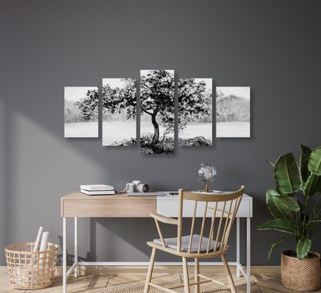 5-DIELNY OBRAZ ORIENTÁLNA ČEREŠŇA V ČIERNOBIELOM PREVEDENÍ - ČIERNOBIELE OBRAZY - OBRAZY