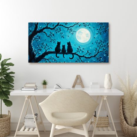 WANDBILD NÄCHTLICHE KATZEN IN BLAU - HALLOWEEN- UND HORROR-BILDER - BILDER