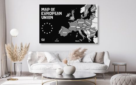 OBRAZ NA KORKU NAUČNÁ MAPA S NÁZVY ZEMÍ EVROPSKÉ UNIE V ČERNOBÍLÉM PROVEDENÍ - OBRAZY NA KORKU - OBRAZY