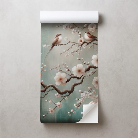 SAMOLEPÍCÍ TAPETA JEMNÉ KVĚTY A PTÁČCI NA VĚTVÍCH - WALLPAPERS - 🔥 TOTAL SALE 🔥