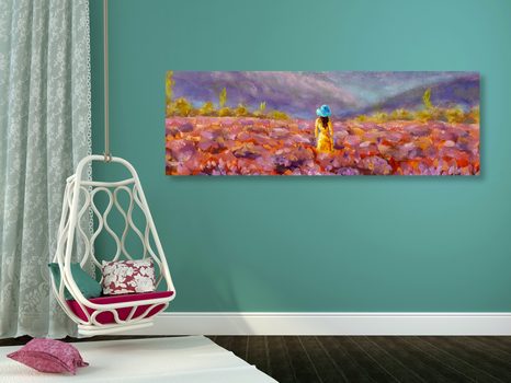 TABLOU FETIȚĂ ÎN ROCHIE GALBENĂ PE CÂMPUL DE LAVANDĂ - TABLOU NATURĂ ȘI PEISAJE NATURALE - TABLOURI