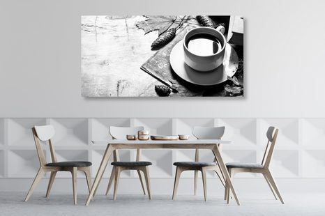 CANVAS PRINT CUP OF COFFEE IN AN AUTUMNAL FEEL IN BLACK AND WHITE - BLACK AND WHITE PICTURES - PICTURES