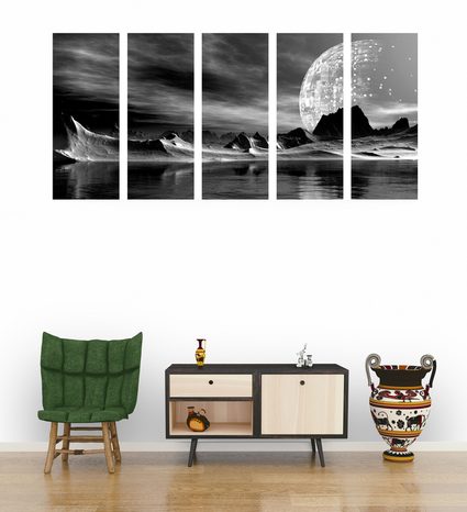 5-TEILIGES WANDBILD FUTURISTISCHER PLANET IN SCHWARZ-WEISS - SCHWARZ-WEISSE BILDER - BILDER