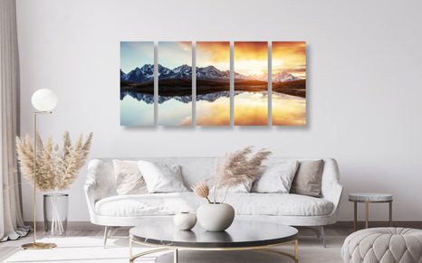 5-DÍLNÝ OBRAZ OSLNIVÝ ZÁPAD SLUNCE NAD HORSKÝM JEZEREM - OBRAZY PŘÍRODY A KRAJINY - OBRAZY
