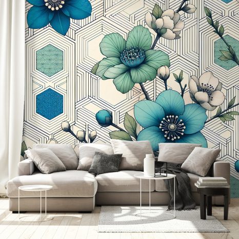 SAMOLEPÍCÍ TAPETA MODRÉ KVĚTY S GEOMETRICKÝM POZADÍM - TAPETY KVĚTINY - TAPETY