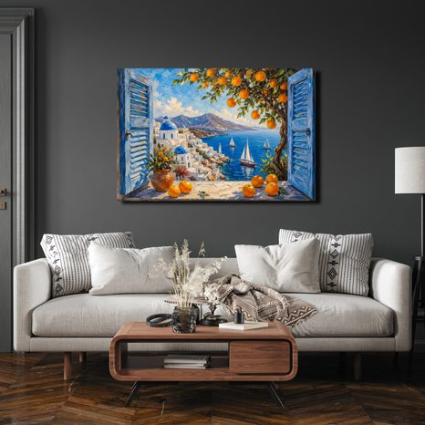 WANDBILD KÜSTE VON SANTORINI MIT ORANGEN - BILDER MEER UND STRAND - BILDER