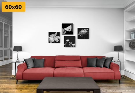 SET OBRAZŮ ELEGANCE ŽENY A KVĚTIN V ČERNOBÍLÉM PROVEDENÍ - SESTAVY OBRAZŮ - OBRAZY