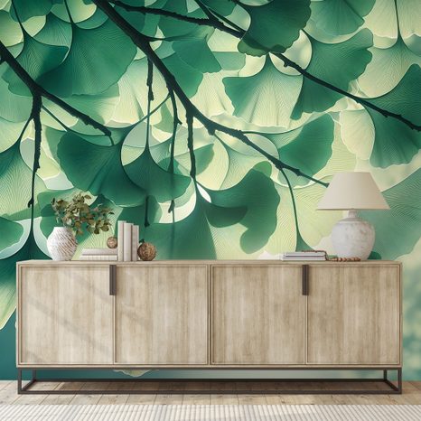 SAMOLEPÍCÍ TAPETA ZELENÉ LISTY GINKGO V ZÁŘI SVĚTLA - TAPETY LISTY - TAPETY