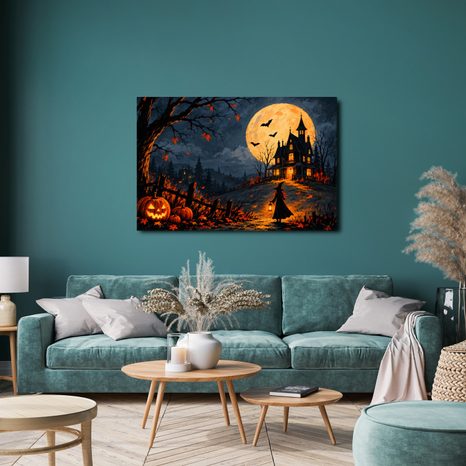 QUADRO SU TELA – CASA STREGATA SOTTO LA LUNA PIENA - QUADRI HALLOWEEN E HORROR - STAMPE E QUADRI