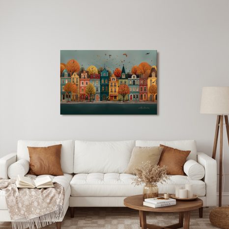 WANDBILD HERBSTLICHER ZAUBER DER STADTSTRASSE - BUNTE HÄUSER - BILDER