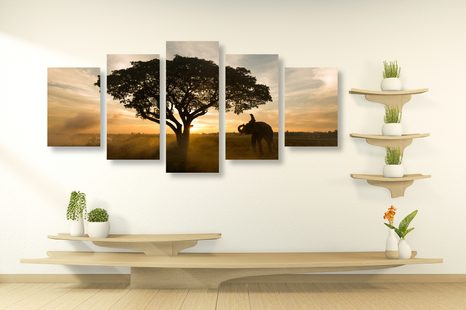 TABLOU 5-PIESE ELEFANT LA RĂSĂRITUL DE SOARE - TABLOU NATURĂ ȘI PEISAJE NATURALE - TABLOURI