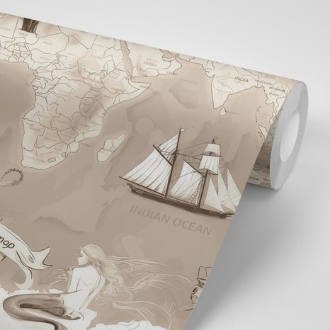 TAPETA BÉŽOVÁ KRESLENÁ MAPA S PLAVIDLY - TAPETY MAPY - TAPETY