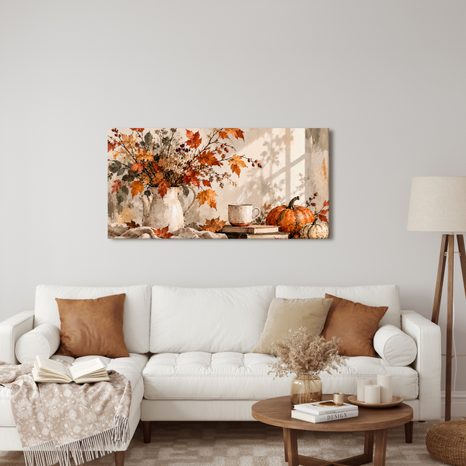 QUADRO SU TELA – CALDA COMPOSIZIONE AUTUNNALE CON LIBRI - QUADRI DI NATURE MORTE - STAMPE E QUADRI