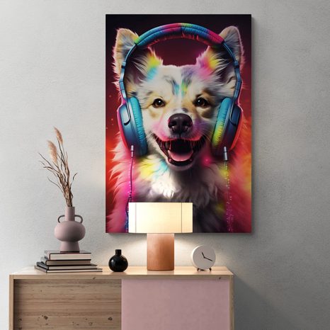 STAMPA SU TELA – CANE CON CUFFIE - QUADRI DI ANIMALI DA FESTA CON LE CUFFIE - STAMPE E QUADRI