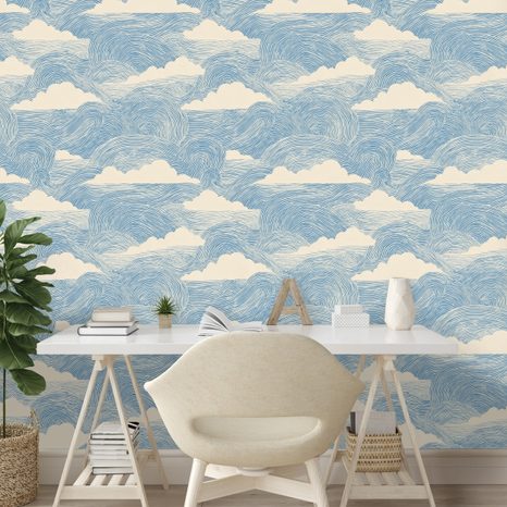 TAPETA MODRÉ VLNY S BÍLÝMI OBLAKY - VZOROVANÉ TAPETY - TAPETY