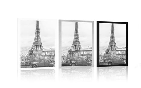 POSTER – VISTA SULLA TORRE EIFFEL DALLA STRADA DI PARIGI IN BIANCO E NERO - NERO E BIANCO - POSTER