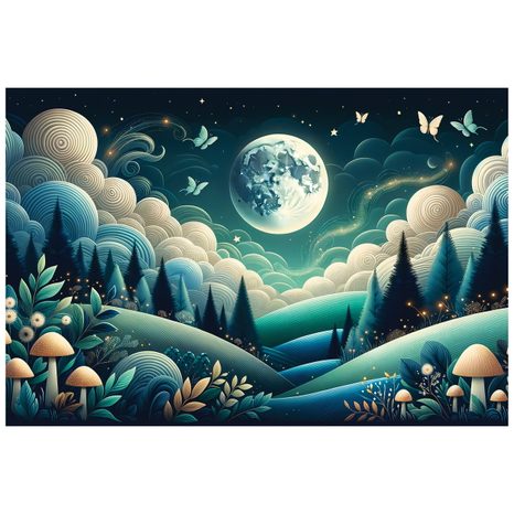 SELBSTKLEBENDE TAPETE NÄCHTLICHE MÄRCHENLANDSCHAFT MIT FLIEGENDEN SCHMETTERLINGEN - UNIVERSUM- UND STERNE-TAPETEN - TAPETEN