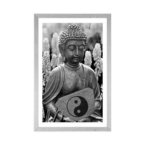 PLAKÁT S PAPSARTOU JIN A JANG BUDDHA V ČERNOBÍLÉM PROVEDENÍ - FENG SHUI - PLAKÁTY