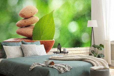 SELBSTKLEBENDE FOTOTAPETE ZEN-STEINE UND EIN BLATT IN DER SCHALE - SELBSTKLEBENDE TAPETEN - TAPETEN