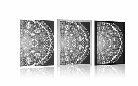 PLAGÁT OKRASNÁ MANDALA S KRAJKOU V ČIERNOBIELOM PREVEDENÍ - FENG SHUI - PLAGÁTY