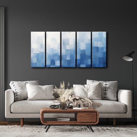 TABLEAU EN 5 PARTIES – ABSTRACTION BLEUE EN APLATS - IMAGES FORMES ABSTRAITES - TABLEAUX