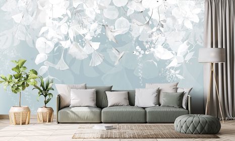 CARTA DA PARATI AUTOADESIVA – FOGLIE CON COLIBRÌ IN BLU-GRIGIO - CARTA DA PARATI AUTOADESIVE - CARTA DA PARATI