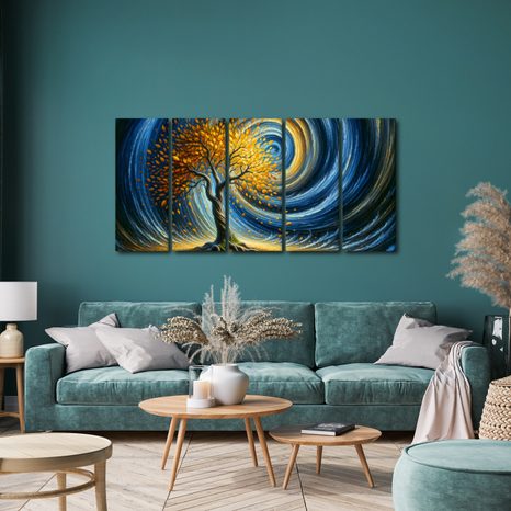 5-DÍLNÝ OBRAZ ZLATÝ STROM ŽIVOTA VE VÍRU NOCI - OBRAZY STROMY ŽIVOTA - OBRAZY