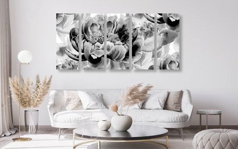 QUADRI 5 PEZZI – PEONIE IN BIANCO E NERO - QUADRI BIANCO E NERO - STAMPE E QUADRI