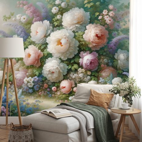 TAPETE PASTELLFARBENER BLUMENGARTEN - TAPETEN MIT BLUMENMOTIVEN - TAPETEN