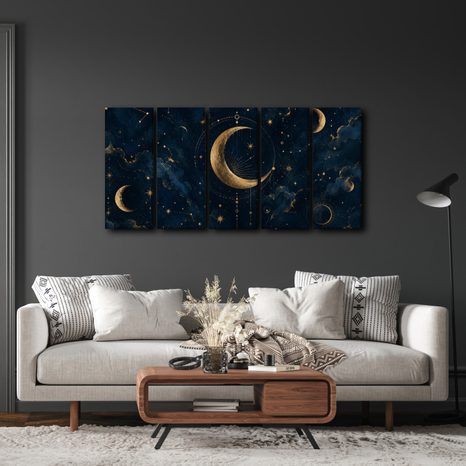 5-TEILIGES WANDBILD GOLDENER MOND ZWISCHEN STERNBILDERN - WANDBILDER MOND - BILDER