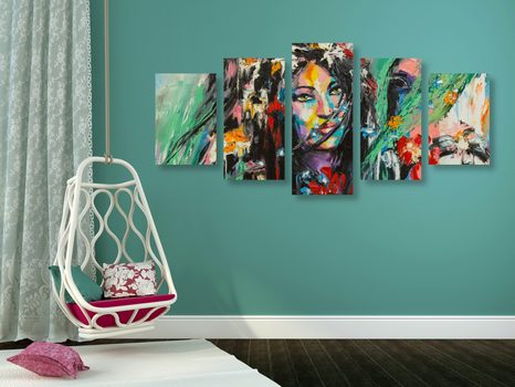 5-DÍLNÝ OBRAZ OLEJOMALBA ŽENA A KŮŇ - OBRAZY LIDÍ - OBRAZY