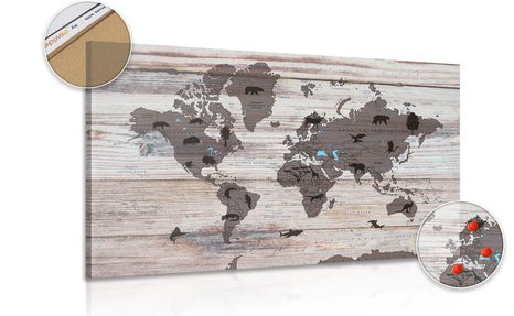 PICTURE ON A CORK MAP ON A WOODEN BACKGROUND
