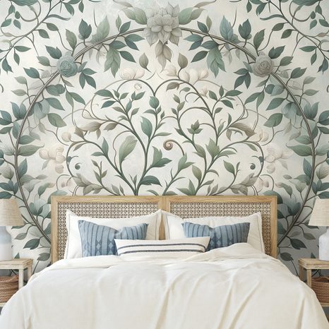 SAMOLEPÍCÍ TAPETA ELEGANTNÍ ZELENÉ LISTY S KVĚTY - VZOROVANÉ TAPETY - TAPETY