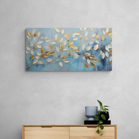 OBRAZ ZLATO-BÍLÉ LISTY NA MODRÉM POZADÍ - OBRAZY STROMY A LISTY - OBRAZY
