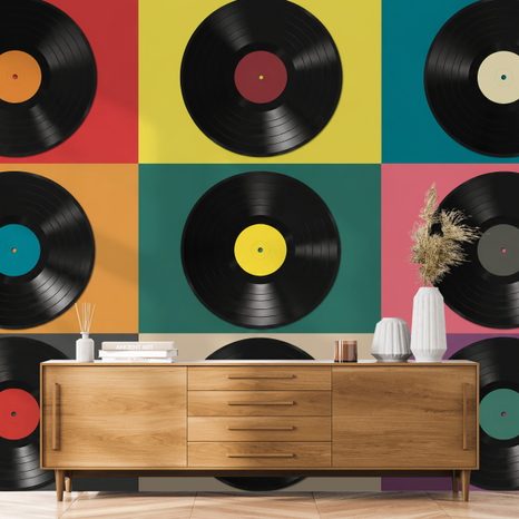 SAMOLEPILNA FOTOTAPETA RETRO VINILNE PLOŠČE NA BARVITEM OZADJU - GLASBENE FOTOTAPETE - TAPETE