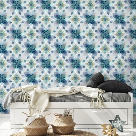 TAPETA MODRÉ AKVARELOVÉ KVĚTY - VZOROVANÉ TAPETY - TAPETY