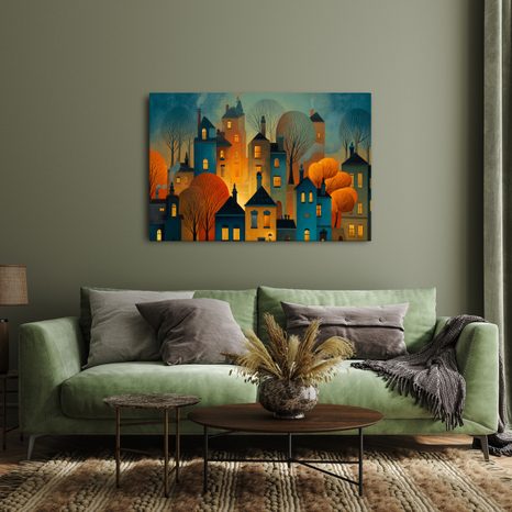 OBRAZ ZIMNÍ POHÁDKA NOČNÍHO MĚSTA - BAREVNÉ DOMY - OBRAZY