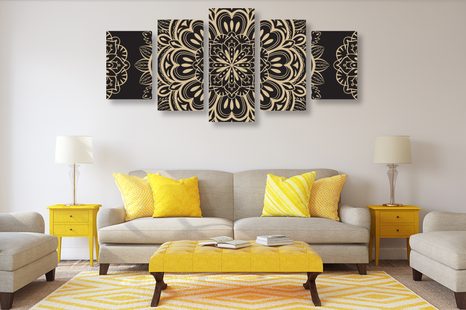 TABLOU 5-PIESE MANDALA PE UN FUNDAL NEGRU - TABLOURI FENG SHUI - TABLOURI