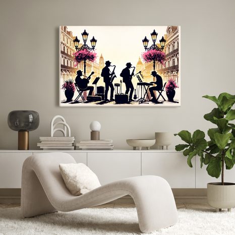 WANDBILD JAZZBAND IN DEN STRASSEN - BILDER VON STÄDTEN - BILDER