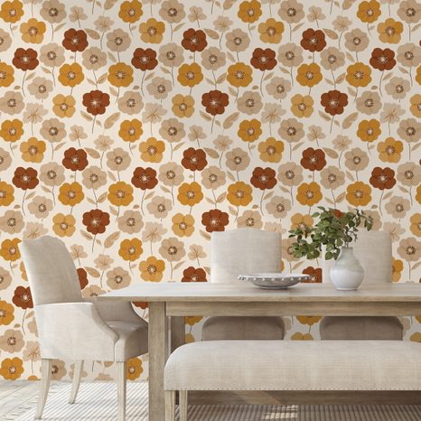 SAMOLEPÍCÍ TAPETA RETRO KVĚTINY V PODZIMNÍCH TÓNECH - VZOROVANÉ TAPETY - TAPETY