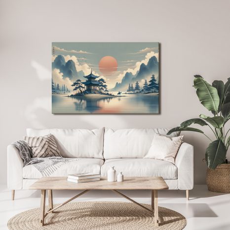 OBRAZ JAPONSKÝ CHRÁM A JEZERO - OBRAZY VÝCHOD A ZÁPAD SLUNCE - OBRAZY