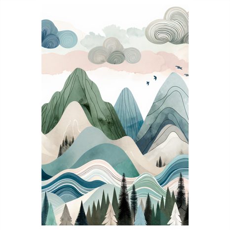 WANDBILD PASTELLFARBENE BERGE UND DUNKLER WALD - BILDER VON BERGEN - BILDER